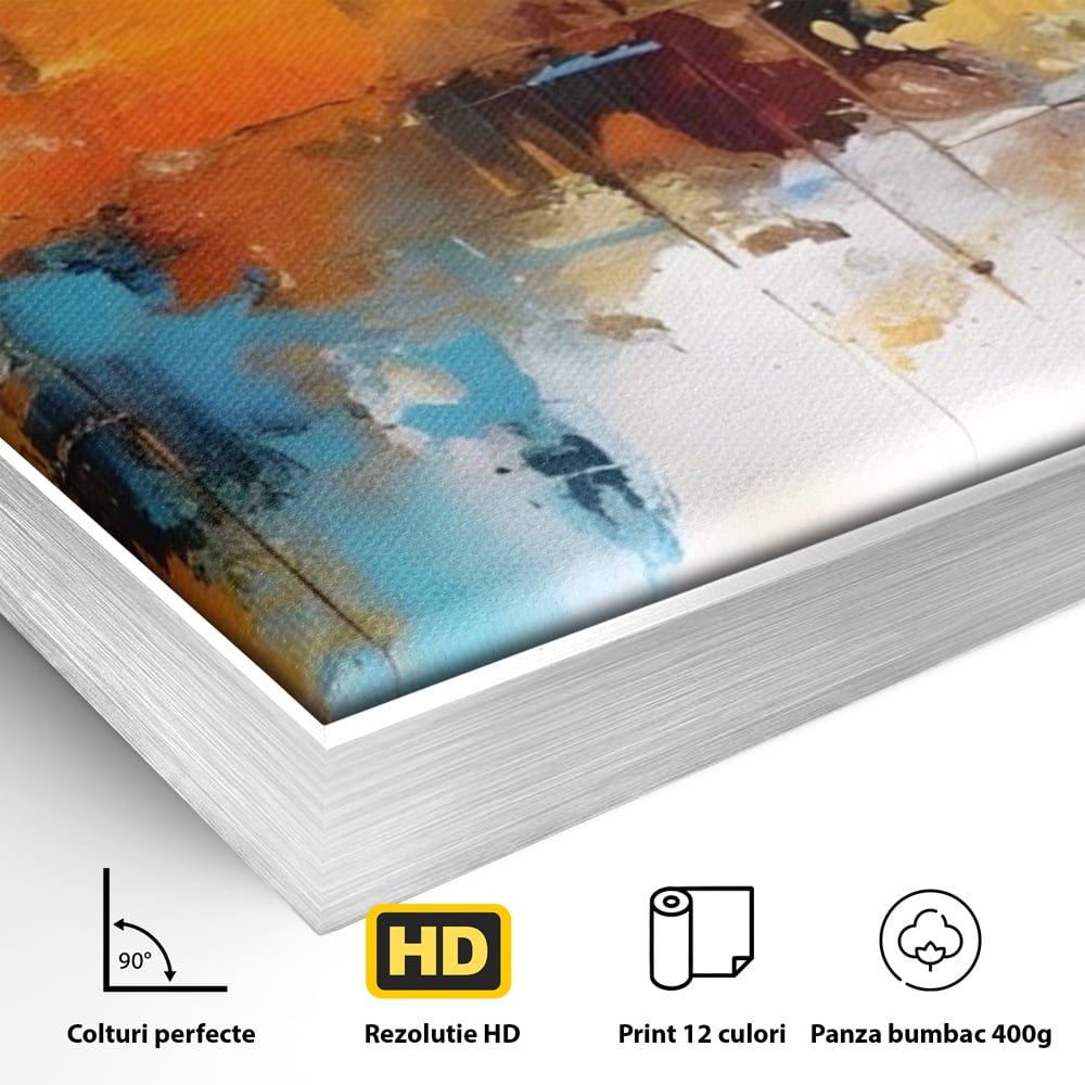 Detaliu al suprafetei: tablou canvas abstract orizontal, in rama de aluminiu argintiu